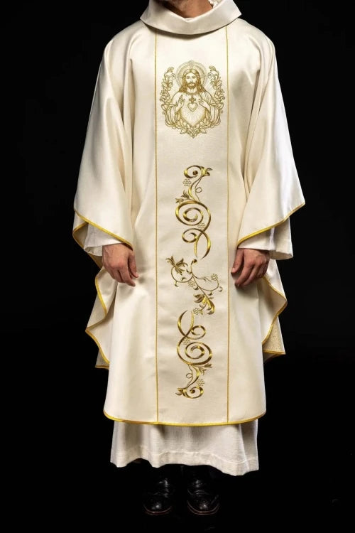 Ecru Chasuble with Sacred Heart of Jesus embroidery — full view
