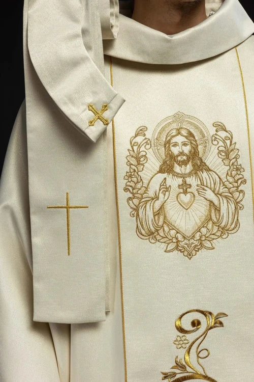Ecru Chasuble with Sacred Heart of Jesus embroidery — back view