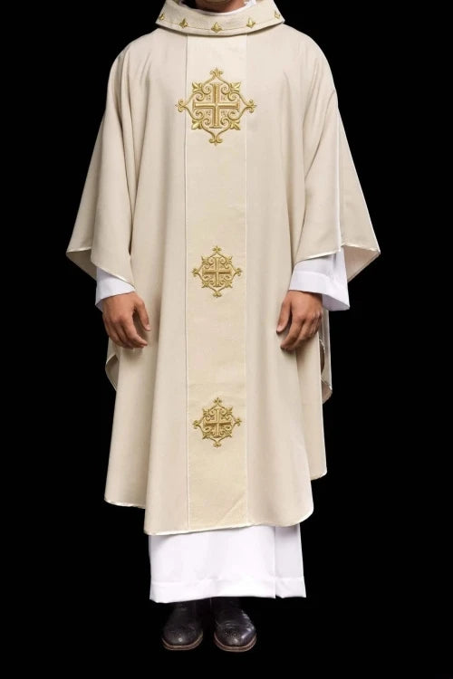 Ecru Chasuble with velvet band with embroidered crosses — front view