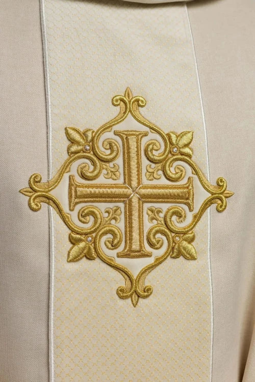 Ecru Chasuble with velvet band with embroidered crosses — full view