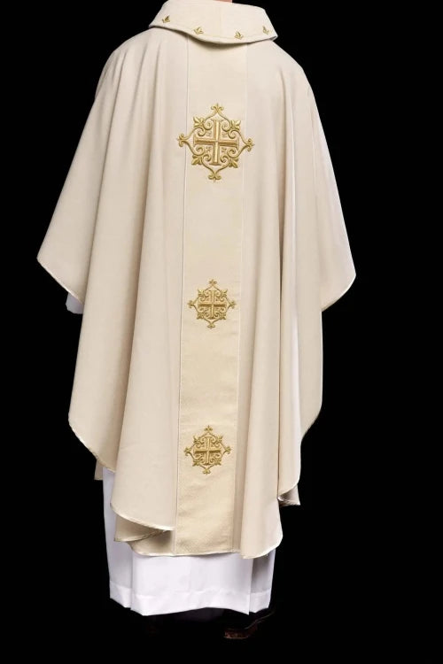 Ecru Chasuble with velvet band with embroidered crosses — side view