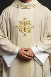 Ecru Chasuble with velvet band with embroidered crosses – Variant II — front view