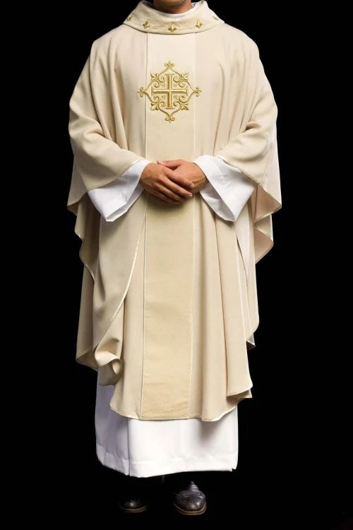 Ecru Chasuble with velvet band with embroidered crosses – Variant II — full view