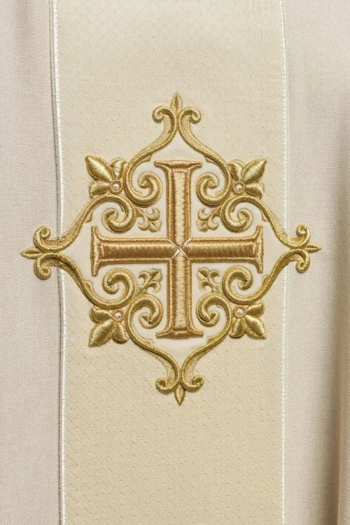 Ecru Chasuble with velvet band with embroidered crosses – Variant II — back view