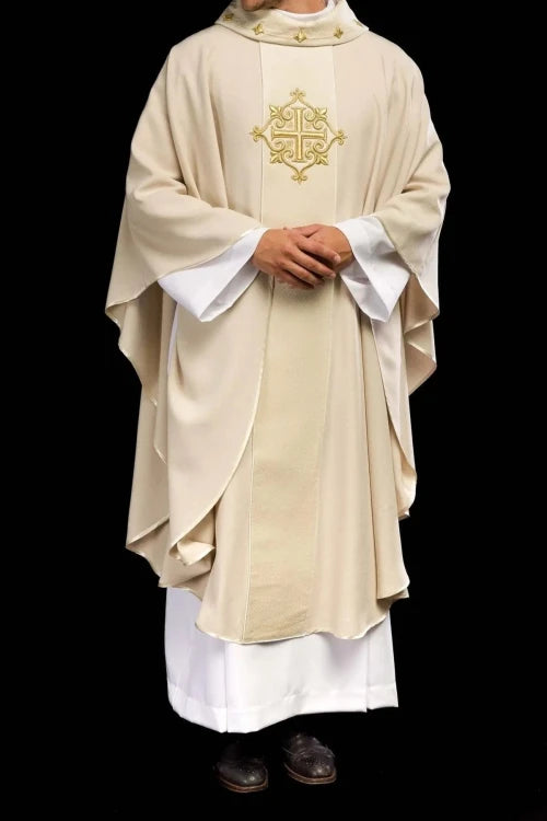 Ecru Chasuble with velvet band with embroidered crosses – Variant II — vestment detail