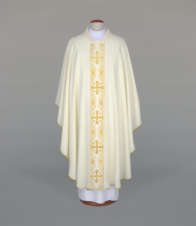 Ecru Chasuble with woven decorative band — front view