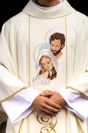 Ecru Chasuble with embroidered Holy Family image — front view