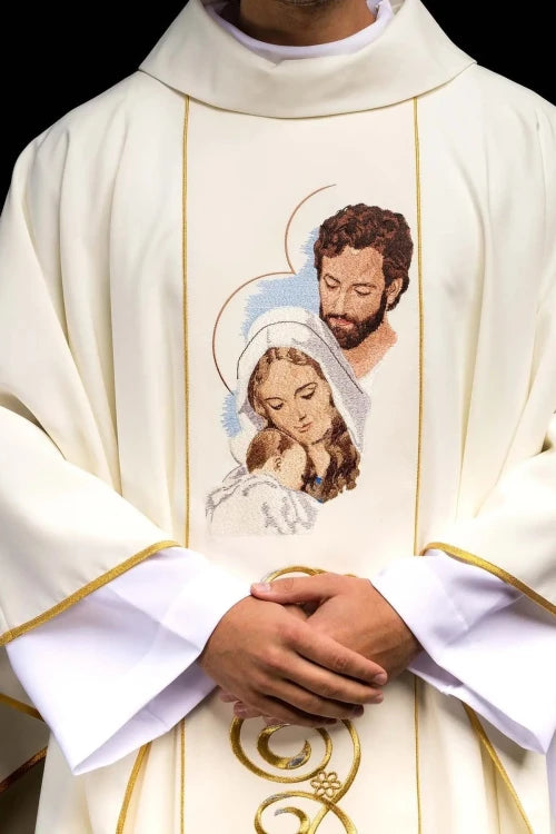 Ecru Chasuble with embroidered Holy Family image — front view