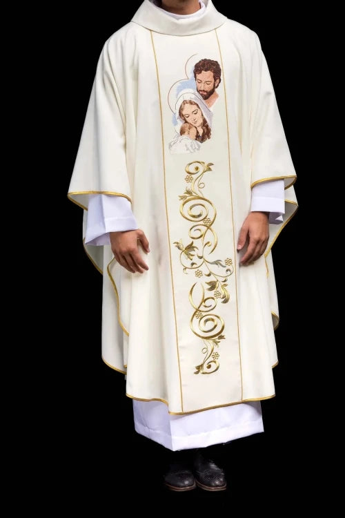 Ecru Chasuble with embroidered Holy Family image — full view