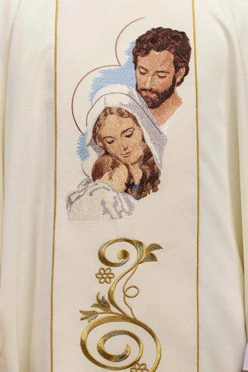 Ecru Chasuble with embroidered Holy Family image — decoration detail