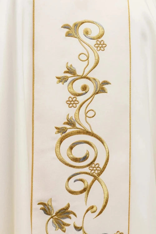 Ecru Chasuble with embroidered Holy Family image — back view