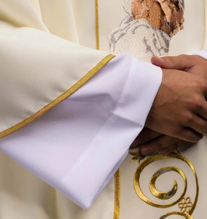 Ecru Chasuble with embroidered Holy Family image — close-up detail