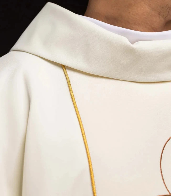 Ecru Chasuble with embroidered Holy Family image — side view