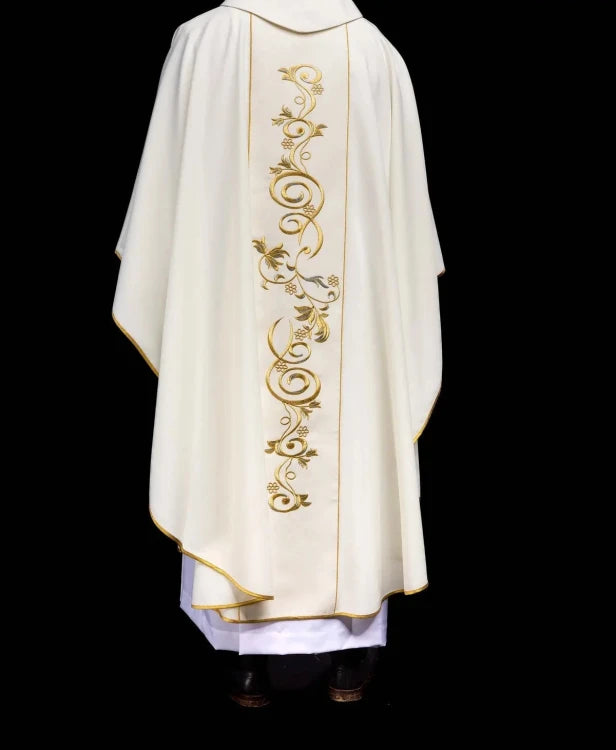 Ecru Chasuble with embroidered Holy Family image — fabric detail