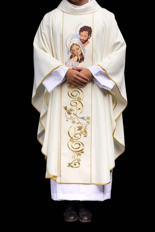 Ecru Chasuble with embroidered Holy Family image — vestment detail