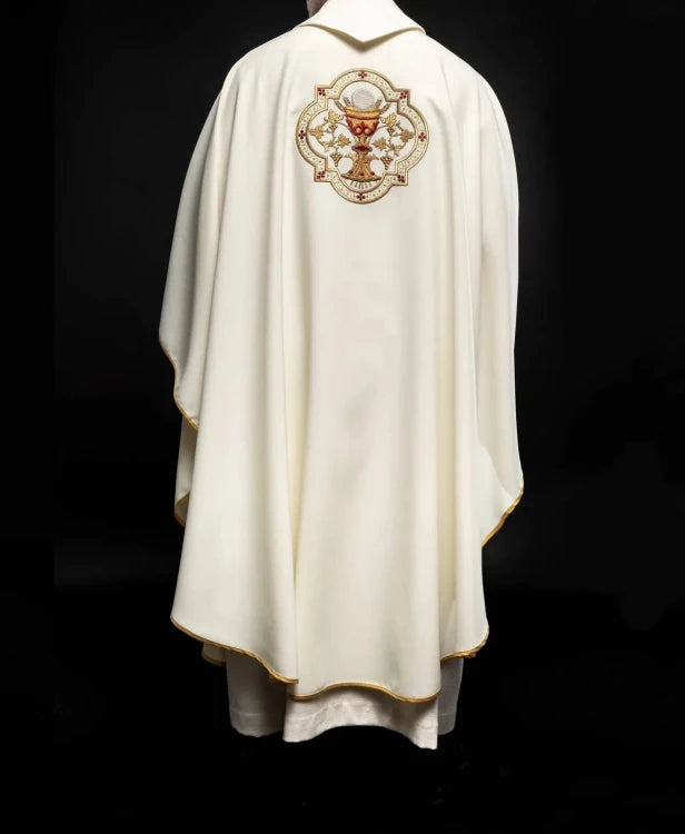 Ecru Chasuble with embroidered Sacred Heart and Eucharistic chalice — back view