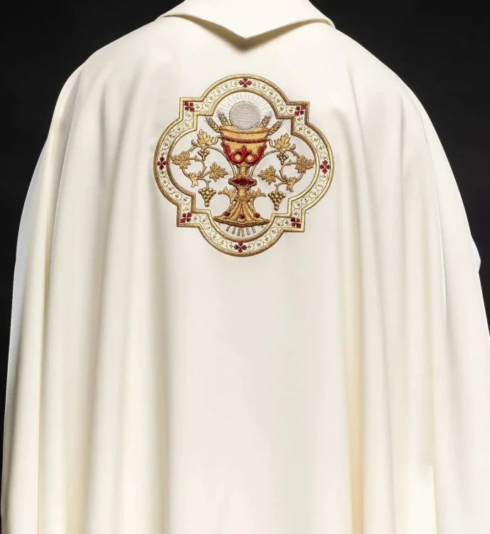 Ecru Chasuble with embroidered Sacred Heart and Eucharistic chalice — close-up detail