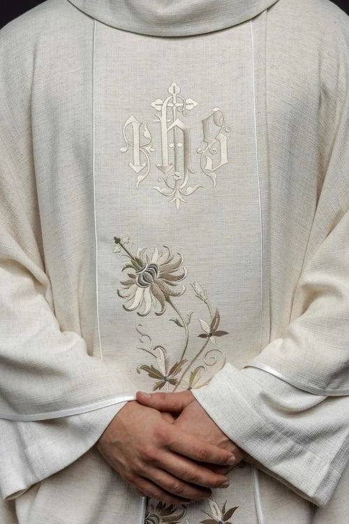 Ecru Chasuble with embroidered IHS monogram — front view