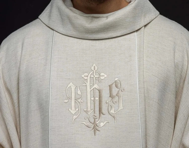 Ecru Chasuble with embroidered IHS monogram — decoration detail