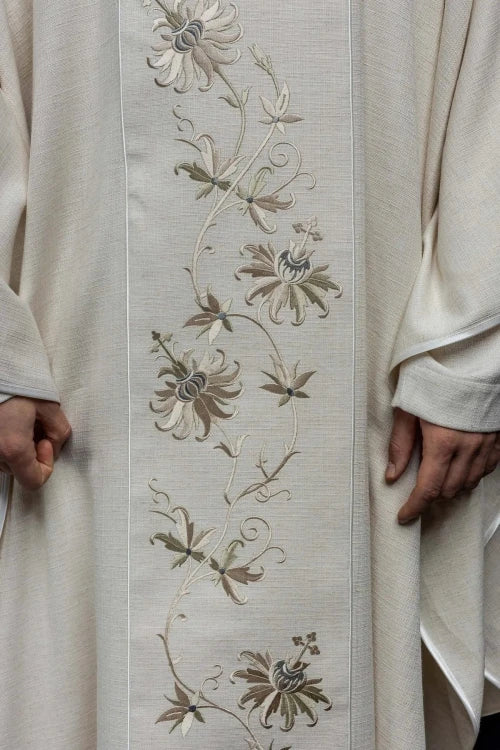 Ecru Chasuble with embroidered IHS monogram — back view