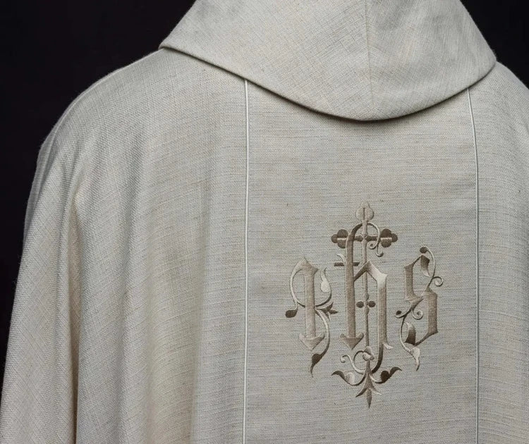 Ecru Chasuble with embroidered IHS monogram — close-up detail