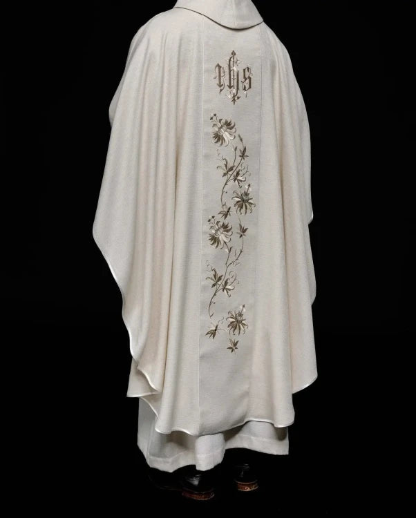 Ecru Chasuble with embroidered IHS monogram — side view