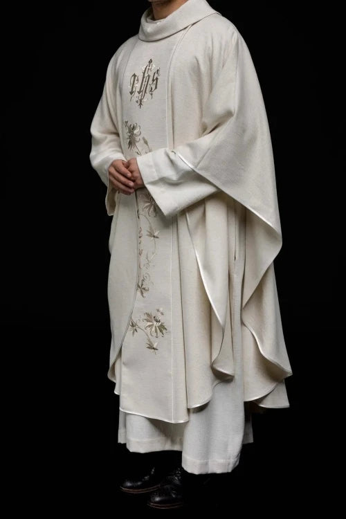Ecru Chasuble with embroidered IHS monogram — collar detail