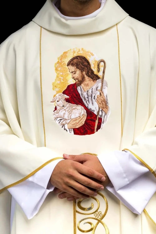 Ecru Chasuble with image of Jesus the Good Shepherd — front view