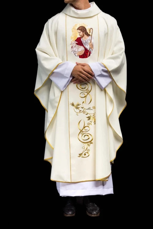 Ecru Chasuble with image of Jesus the Good Shepherd — full view