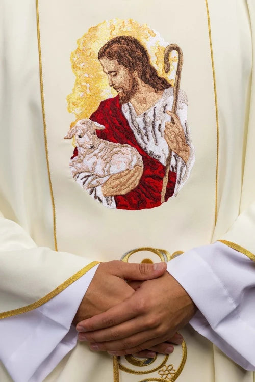Ecru Chasuble with image of Jesus the Good Shepherd — decoration detail