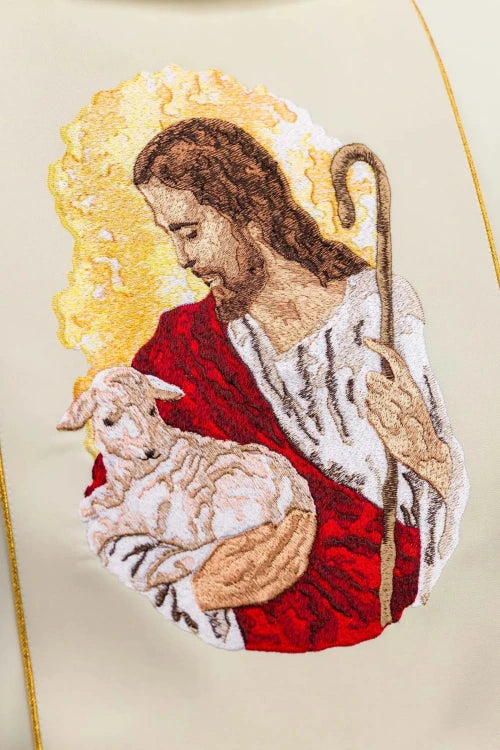 Ecru Chasuble with image of Jesus the Good Shepherd — back view