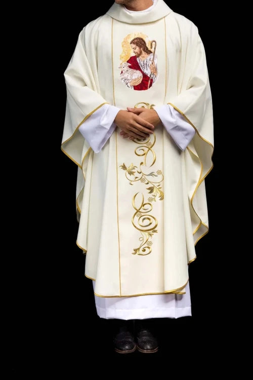 Ecru Chasuble with image of Jesus the Good Shepherd — fabric detail