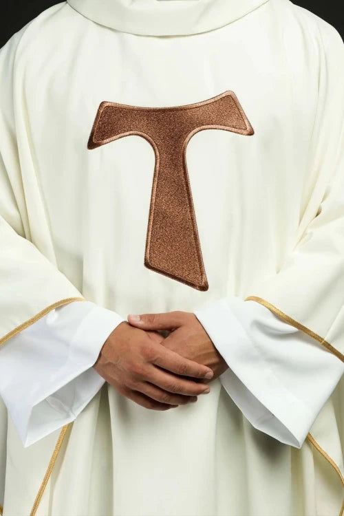 Ecru Chasuble with Franciscan Tau cross — front view