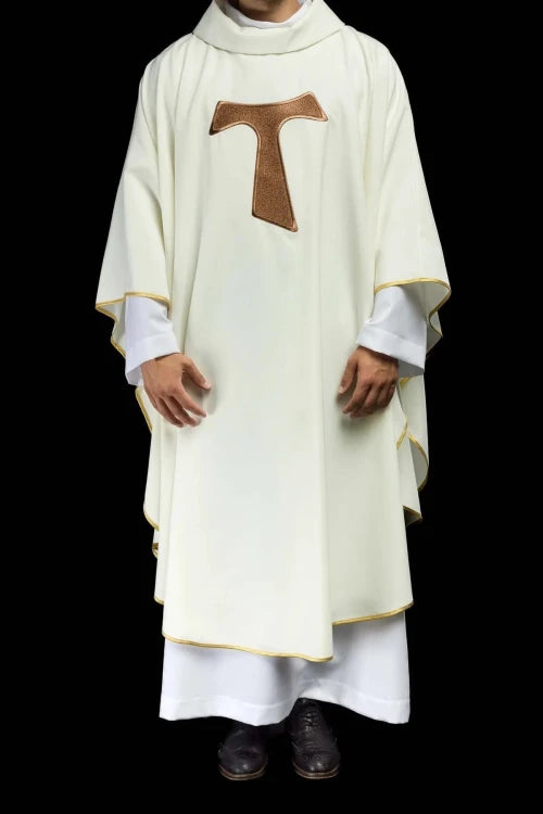 Ecru Chasuble with Franciscan Tau cross — full view