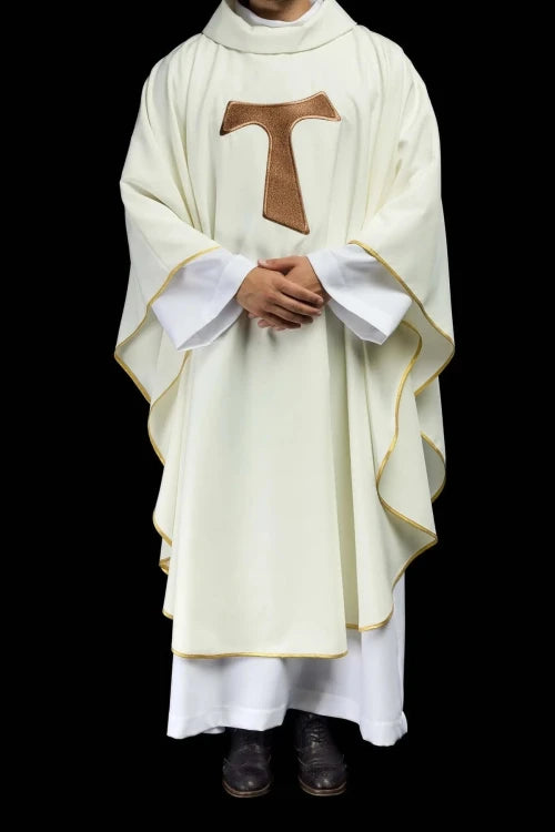 Ecru Chasuble with Franciscan Tau cross — close-up detail