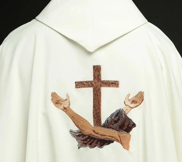 Ecru Chasuble with Franciscan Tau cross — collar detail