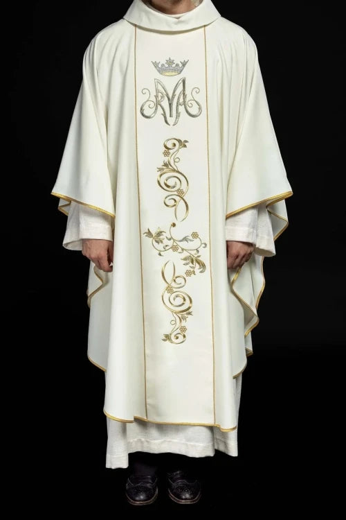 Ecru Chasuble with embroidered Marian band — full view