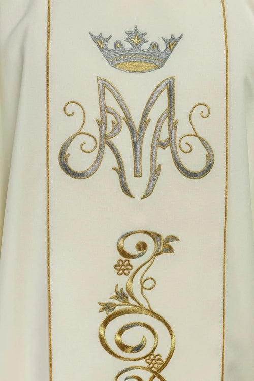 Ecru Chasuble with embroidered Marian band — decoration detail