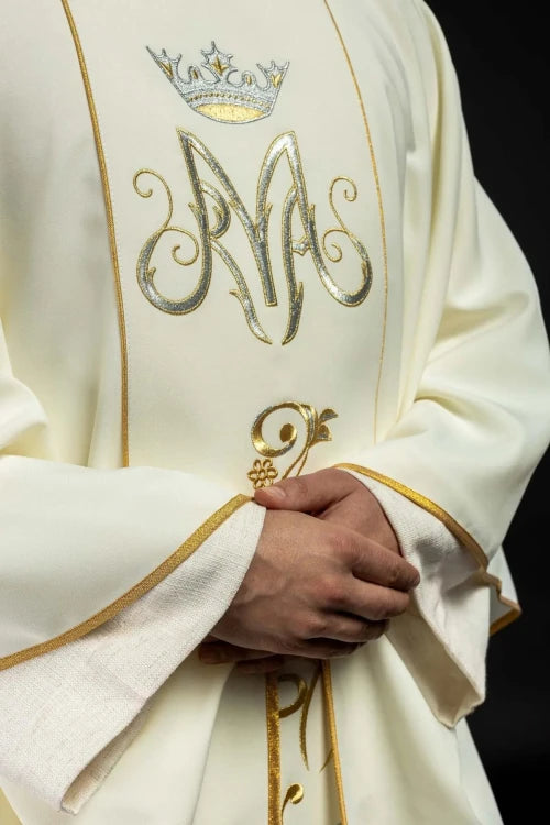 Ecru Chasuble with embroidered Marian band — back view