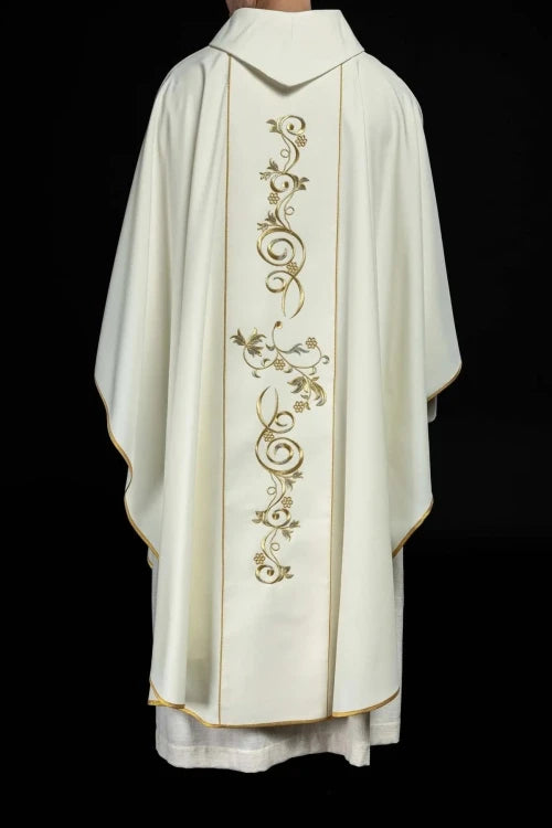 Ecru Chasuble with embroidered Marian band — side view