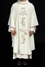 Ecru Chasuble with embroidered Marian band — collar detail