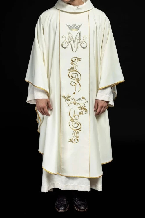 Ecru Chasuble with embroidered Marian band — collar detail