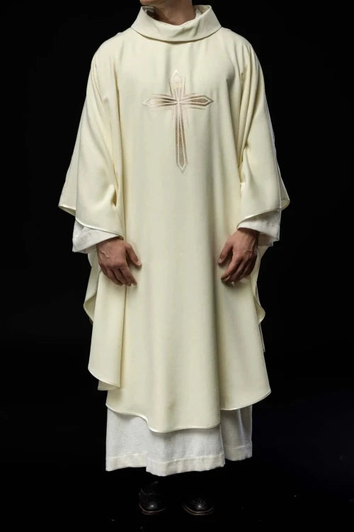 Ecru Chasuble with embroidered cross — full view