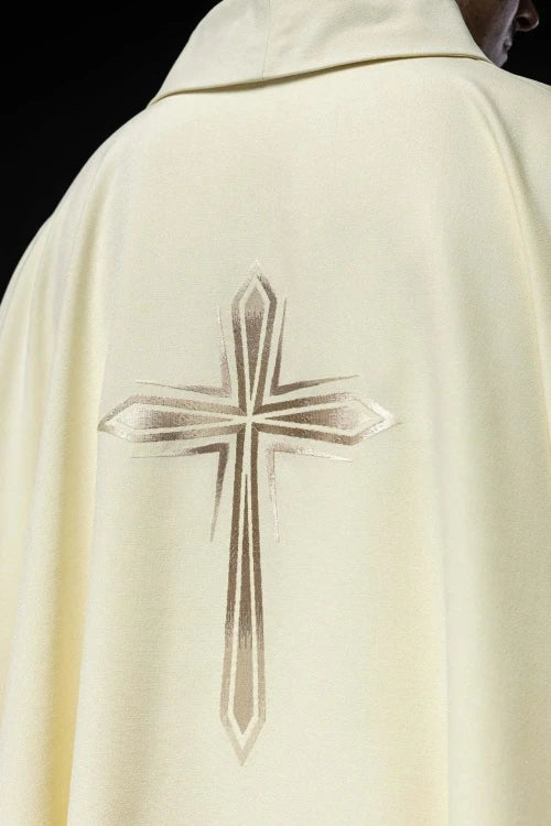 Ecru Chasuble with embroidered cross — side view
