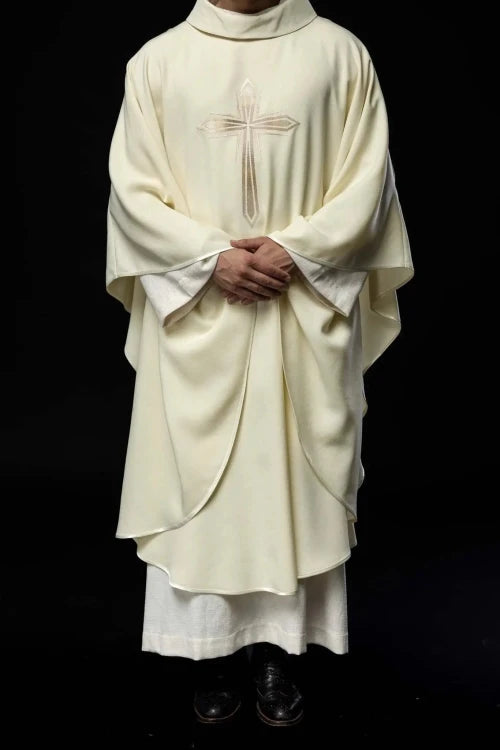Ecru Chasuble with embroidered cross — vestment detail
