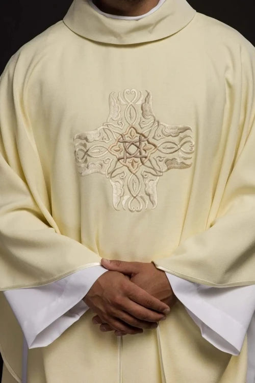 Ecru Chasuble with embroidered cross – Variant II — front view