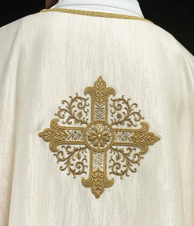 Ecru Chasuble with embroidered cross – Variant VII — side view