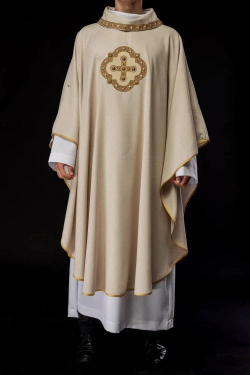 Ecru Chasuble with embroidered cross – Variant IX — full view