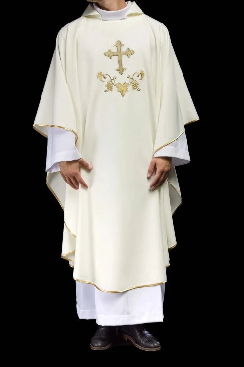 Ecru Chasuble with embroidered cross and wide collar — full view