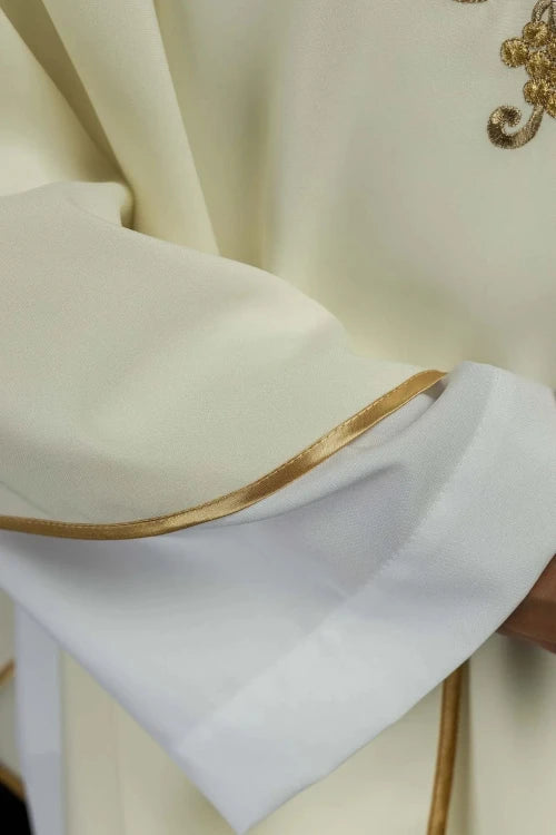Ecru Chasuble with embroidered cross and wide collar — close-up detail